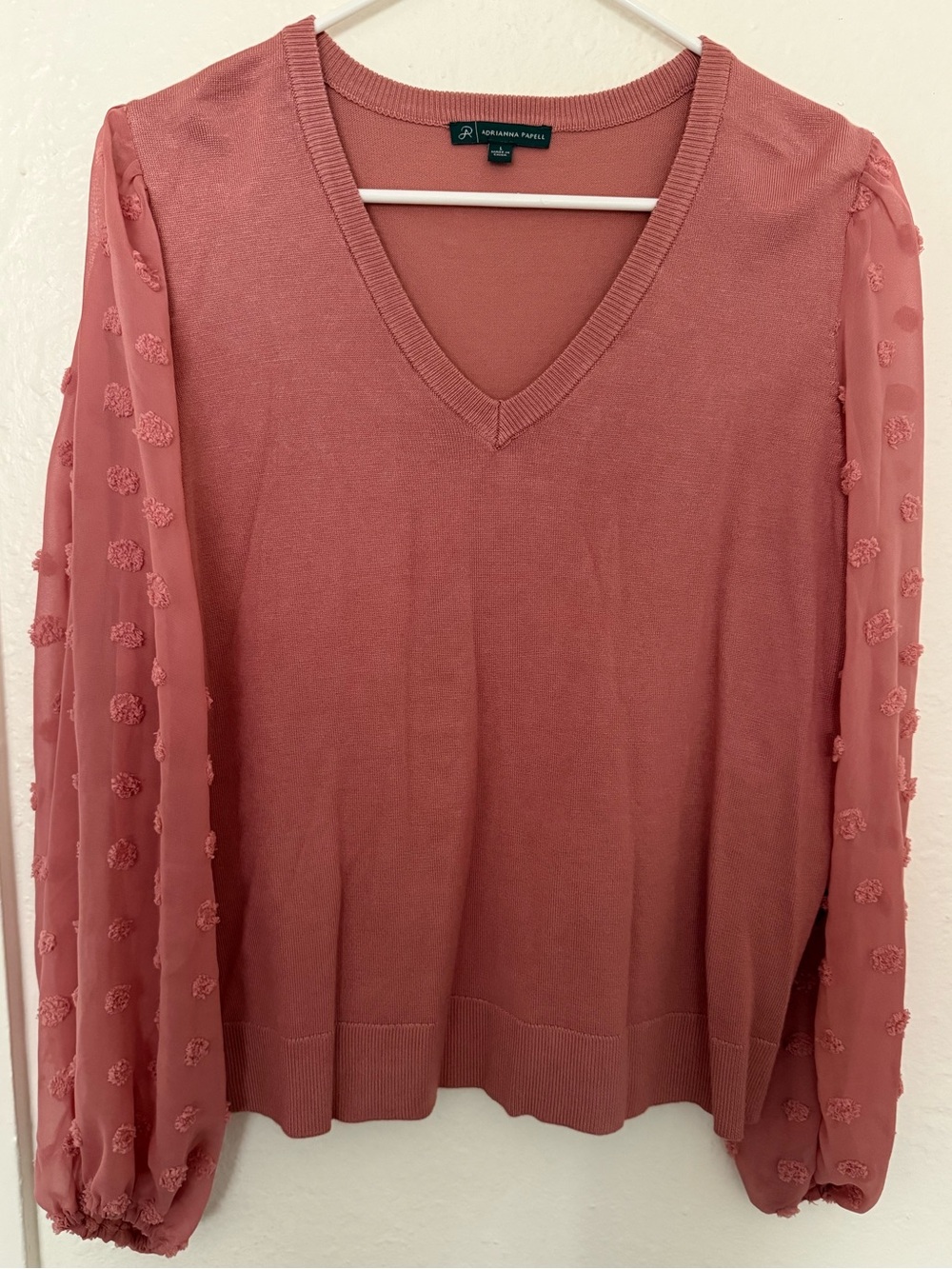 Adrianna Papell Women’s Sweater Size Large Neck V Woven Bubble Sleeve Color Pink